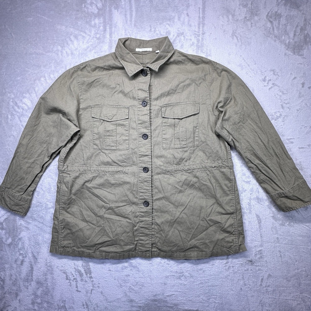 UNIQLO Womens Large Linen Cotton Safari Utility Jacket Army Green Shacket Coat